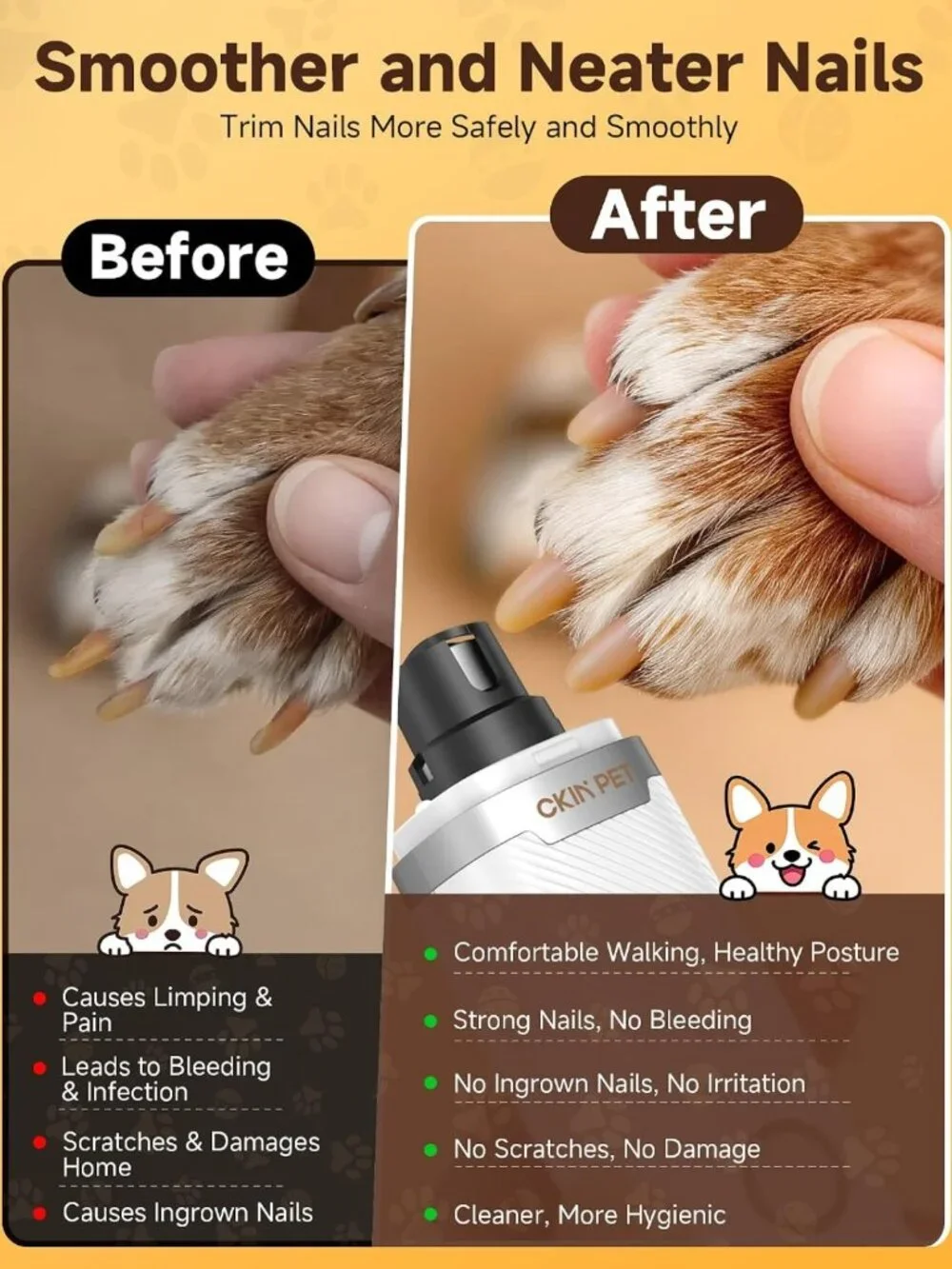 Quiet Electric Dog Nail Grinder with LED Lights, 3-Speed Rechargeable Pet